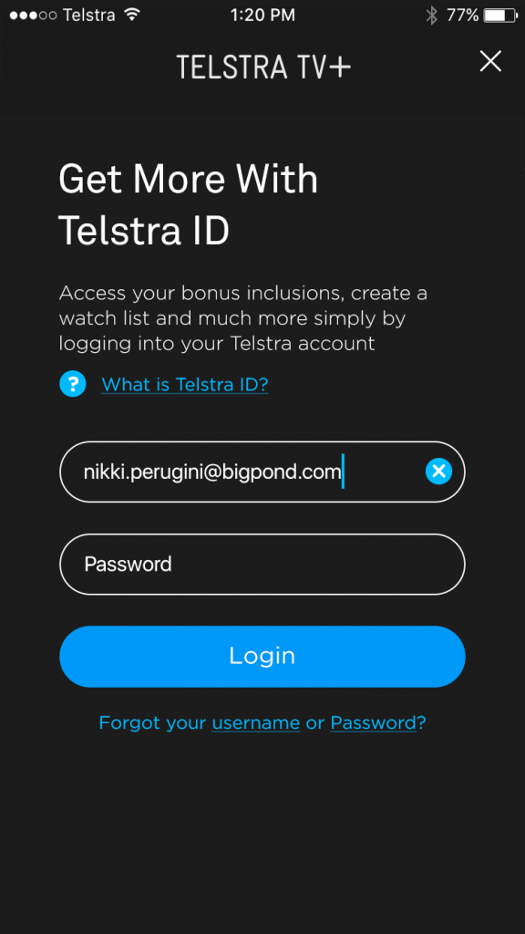 Telstra TV Plus - Mobile app - Login - Previous Design