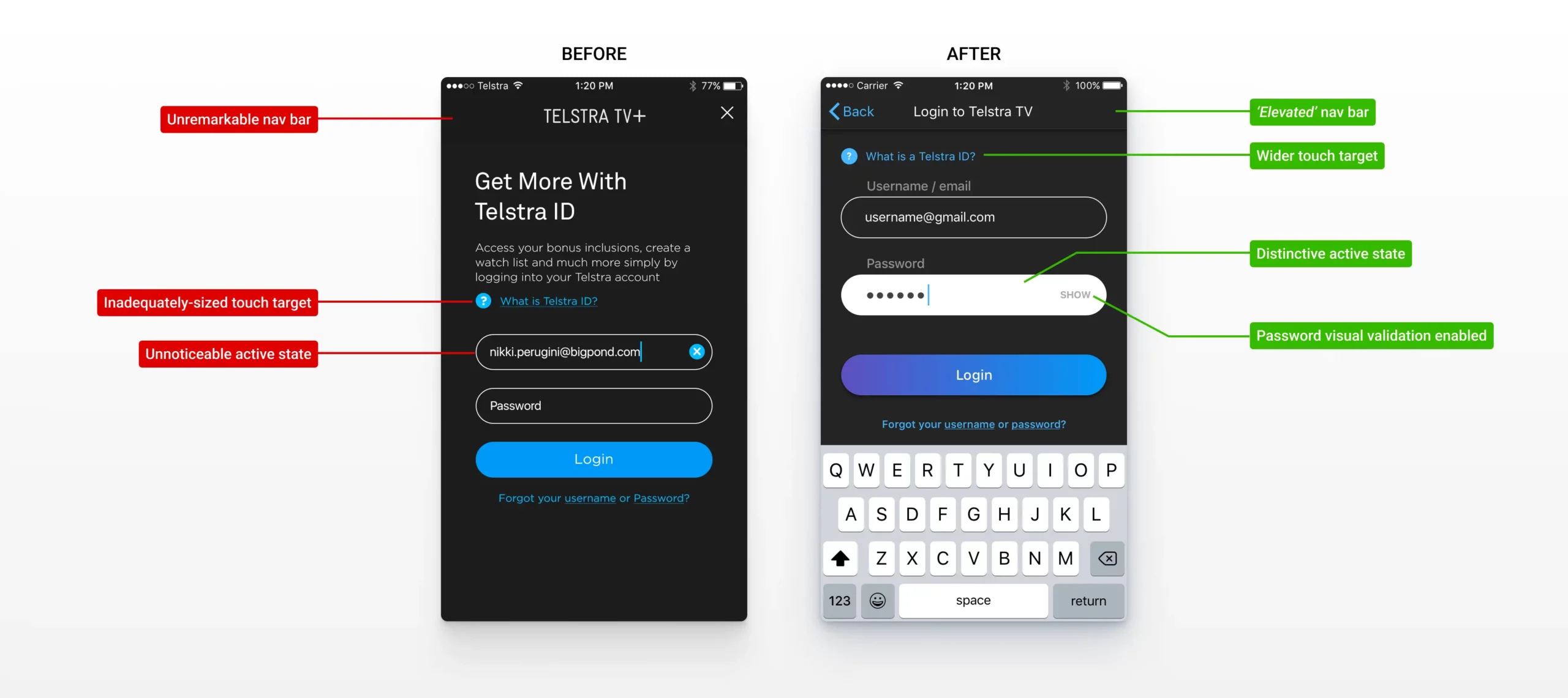 Telstra TV+ Companion App Login screen Before vs. After