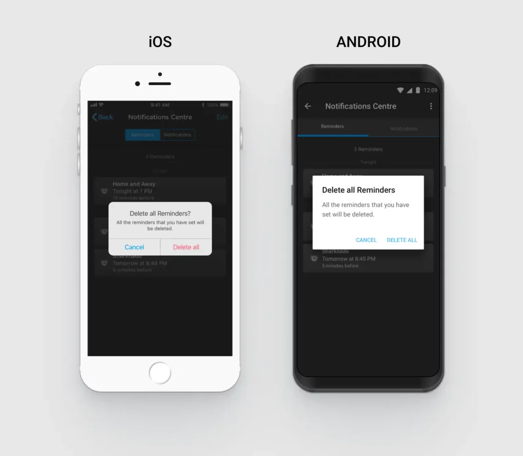 Destructive action indicated in red on iOS while normal treatment is maintained for Android